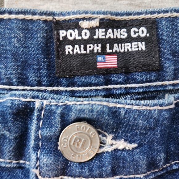 Polo Jeans Ralph Lauren Carpenter Skirt Sz 8 Blue Cotton Y2k Pockets Denim Patch - Picture 6 of 11